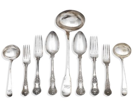 A mixed part canteen of 19th century silver flatwarevarious makers and dates to include London 1838 Of King's and Queen's pat