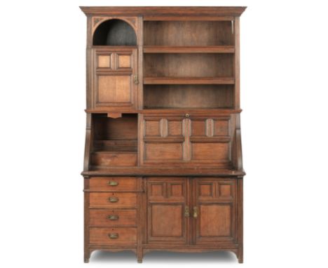 An aesthetic style late 19th/early 20th century oak bureau bookcaseStamped Gillows, LancasterThe raised super structure fitte