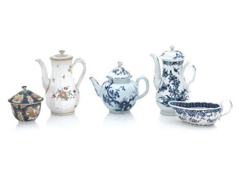 A group of Worcester porcelain18th centuryIncluding a blue and white painted teapot, coffee pot and sauce boat, a scale blue 