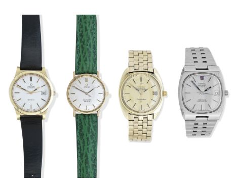 Omega. A group of four various wrist watchesComprising a stainless steel Omega Electronic f300Hz calendar bracelet watch in l