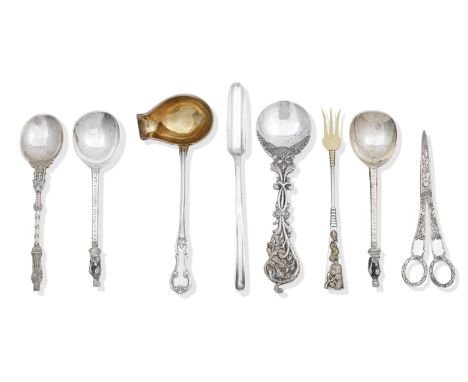 A collection of British and Continental silver flatwarevarious makers and dates To include a George III marrow scoop, London 