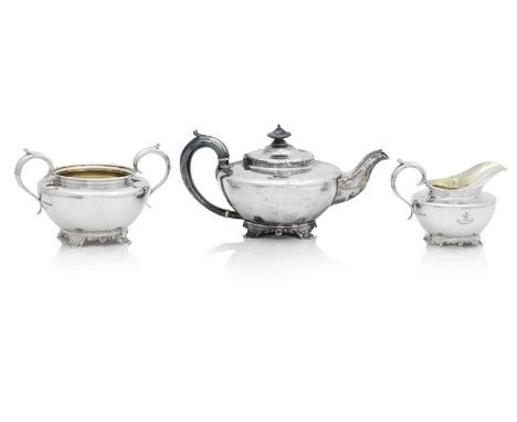 A George IV three piece silver tea serviceby Richard Pearce &amp; George Burrows, London 1829 Of compressed melon form, on sh