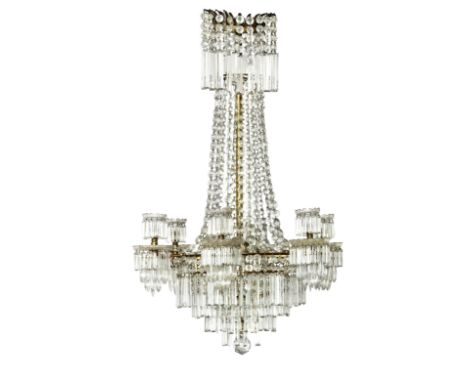 A late 19th/early 20th century six light cut glass and brass chandelierHung with drops and lustres, unelectrified, 66cm diame