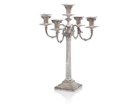 A late Victorian electroplated five light candelabrummarks rubbed, probably Hawkesworth, Eyre &amp; Co of Sheffield The Corin