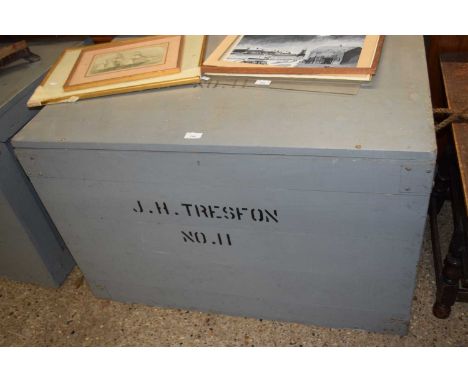 Grey painted pine packing trunk, 100 cm wide