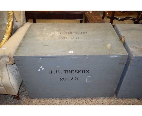 Grey painted pine packing trunk, 100cm wide