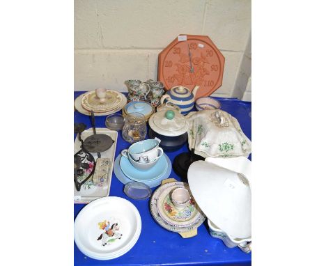 Mixed Lot: Various assorted ceramics to include a pair of ironstone jugs, wall clock, covered vegetable dishes, tea wares, Sh