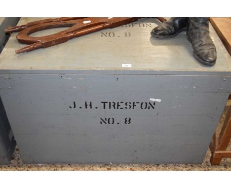 Grey painted pine packing trunk, 100cm wide