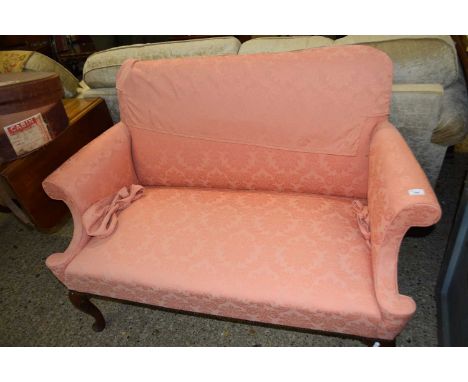 George III style mahogany framed sofa upholstered in pink damask material raised on cabriole legs