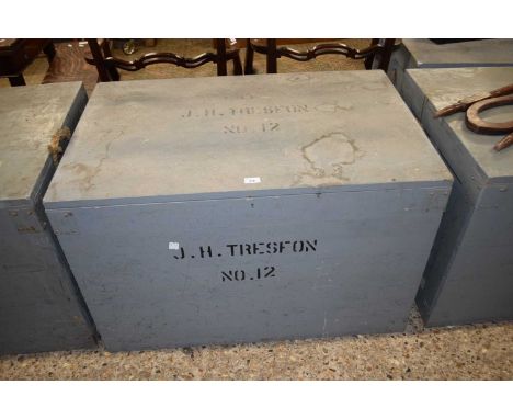 Grey painted pine packing trunk, 100cm wide