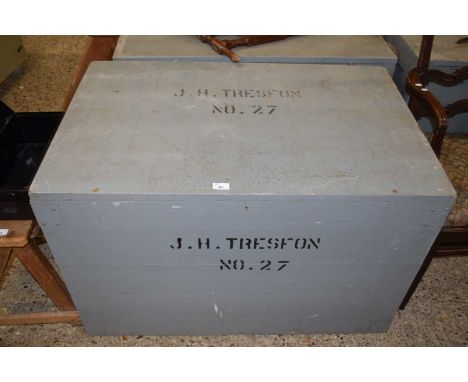 Grey painted pine packing trunk, 100cm wide