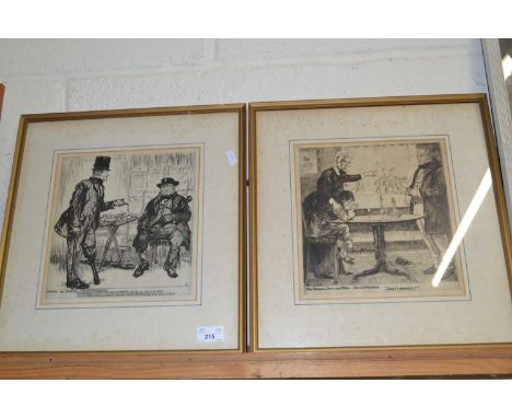 Black and white etching, scene from David Copperfield and one other, both framed and glazed