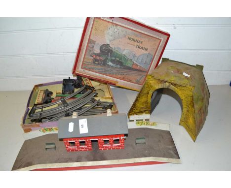 Mixed Lot: A vintage 0 gauge Hornby locomotive, various rolling stock, track, platform and tunnel