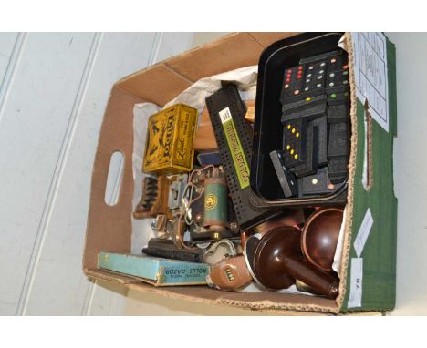 Box of various mixed items including dominoes, cribbage board etc