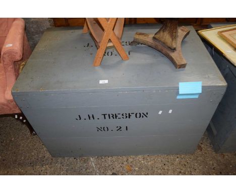 Grey painted pine packing trunk, 100cm wide