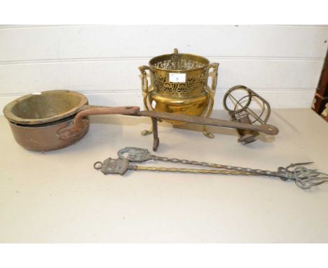 Mixed Lot: 19th Century iron and brass pan, copper saucepan, fire tools and other items