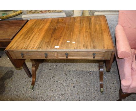 Reproduction walnut veneered sofa table with drop ends and stretcher base, 100cm wide