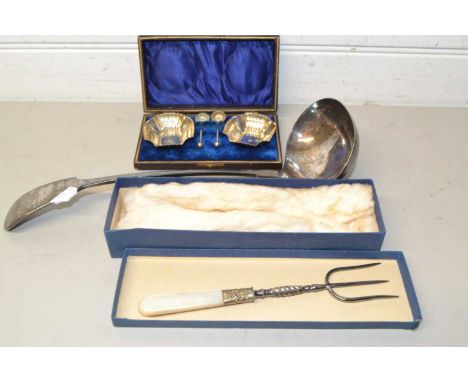 Mixed Lot: Silver plated soup ladle, silver plated salts and a bread fork