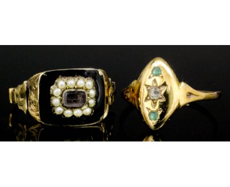 A late Georgian gold coloured metal seed pearl and enamel set mourning ring, the oblong face set to centre with a woven panel