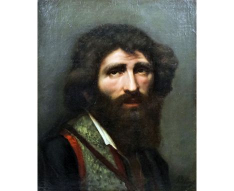19th Century Continental school - Oil painting - Shoulder-length portrait of a bearded young man, canvas 18ins x 15ins, indis