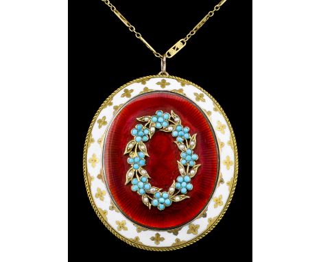 A late Victorian gold coloured metal enamel, turquoise and seed pearl set oval pattern brooch, central red guilloche enamel p