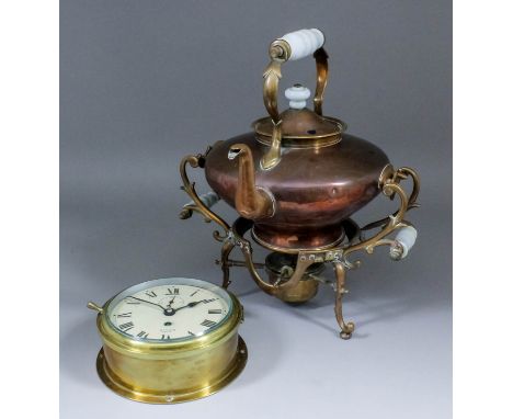 A late Victorian copper tea kettle by Benham & Sons, 19 Wigmore St, London, with depressed form body, two-handled and with sp