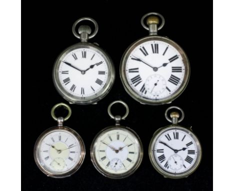 Two nickel cased open faced keyless Goliath pocket watches, the white enamel dials with Roman numerals, 60mm and 68mm diamete