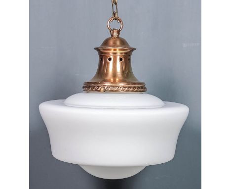 Four lacquered copper pendant hanging light fittings, all with white opaque glass shades for same