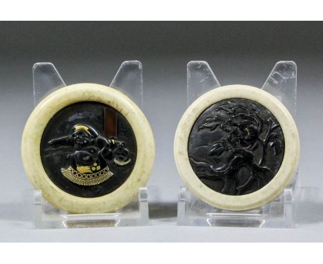 A Japanese kajambiuta netsuke, the ivory bowl with dark metal plate case with a figure and rat, each with gilt decorated skir