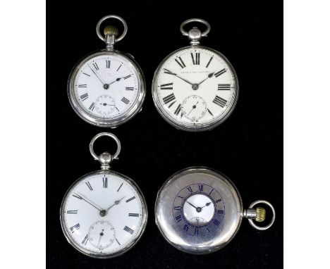 Two gentleman's silver cased open faced lever pocket watches, a gentleman's silver half hunting cased keyless lever pocket wa