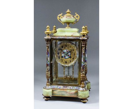 A late 19th/early 20th Century French gilt brass champleve enamel and green onyx "Four Glass" mantel clock, No. 6017 48", the