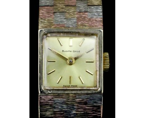 A modern lady's 9ct rose yellow and white gold cased Bueche Girod wristwatch, the gilt dial with baton numerals in plain 16mm