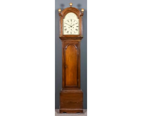 A 19th Century oak longcase clock by P. Monti of Sandwich, the 12ins arched painted dial with Roman numerals and with subsidi