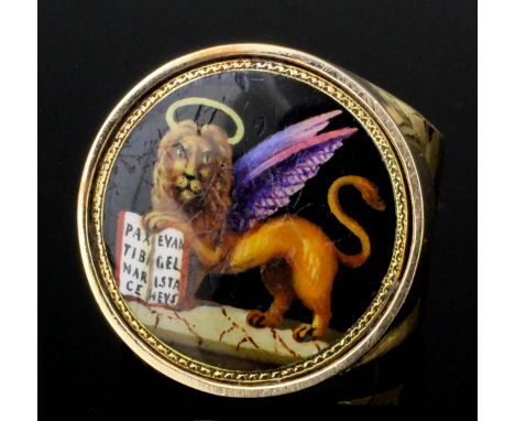 A modern 9ct gold and enamel gentlemen's ring, the face with an enamelled panel depicting the Lion of St. Marco, 20mm diamete