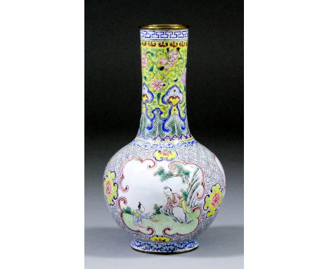 A Chinese Canton enamel vase painted with three scenes of scholars within shaped cartouches, on a cell ground (Qing Dynasty -