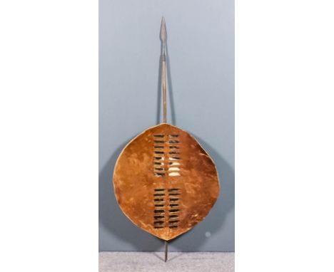 A late 19th/early 20th Century Zulu wooden shafted hunting spear with 10ins wire bound steel spearhead, 64ins, and a cow hide