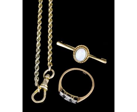 A 9ct gold rope twist pattern long guard, 107mm overall (gross weight 26 grammes), a 9ct gold opal set bar brooch, 30mm overa