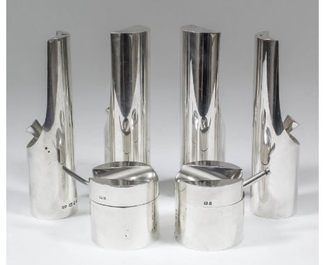 An Elizabeth II plain silver cylindrical six piece condiment set by Paul Harrison, London 1971, comprising - two salt pots an