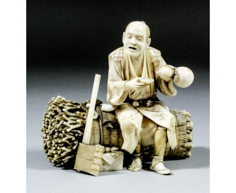 A Japanese carved and stained ivory okimono of a woodcutter seated on a basket of twigs, a double gourd bottle and dish in hi