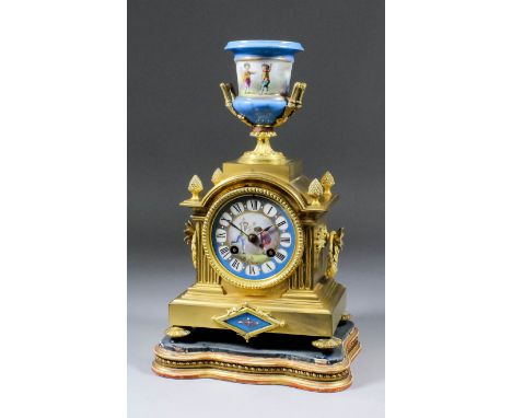 A French ormolu and porcelain mounted mantel clock No. 9045 11, the 3.375ins diameter porcelain dial with Roman numerals with