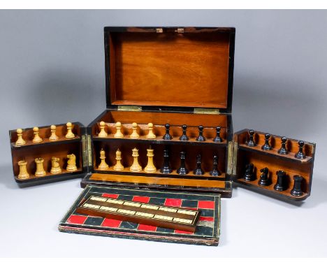 A late Victorian burrwood games Compendium comprising -  chess, draughts, cribbage and a horse racing board game, 13ins x 8.7