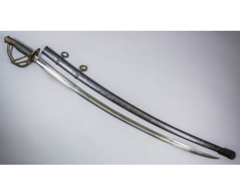 A late 19th Century American light cavalry sabre, the 34.75ins bright steel fullered curved blade marked "US J.F 65", with br