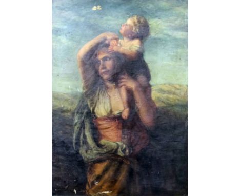 Paul Falconer Poole (1807-1879) - Oil painting - "Ruth and the Butterfly" - Half-length portrait of a mother carrying her chi