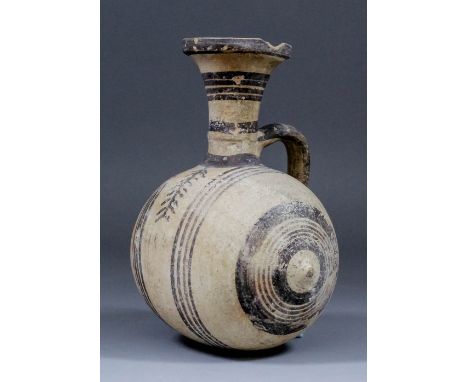 A Cypriot pottery white painted ware barrel-shaped flask painted with concentric circles and in "Fir Tree" decoration, Cypro-