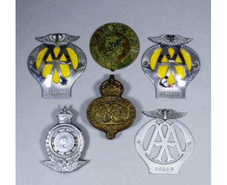 A group of six car badges comprising - Three AA  Members badges with wings, Nos. 8B25187, 3E32080 and 9689P, and a Royal Auto