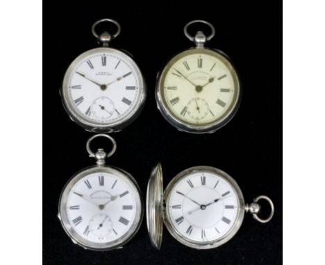Three gentleman's silver cased open faced lever pocket watches, and a ditto in silver full hunting case