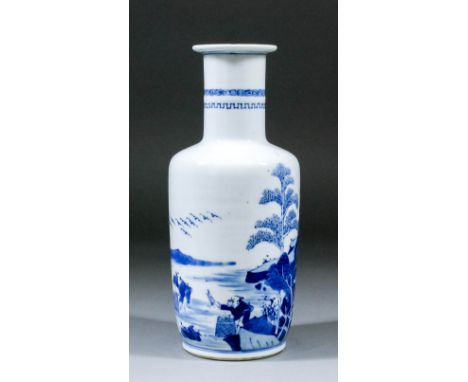 A Chinese blue and white porcelain vase in the "Kangxi" style, decorated with three fisherman by a lake with trees and open p