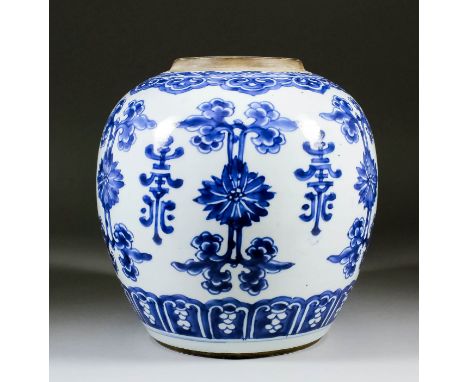 A Chinese blue and white porcelain bulbous ginger jar painted with lotus and shou characters within shaped borders, 8.5ins (2