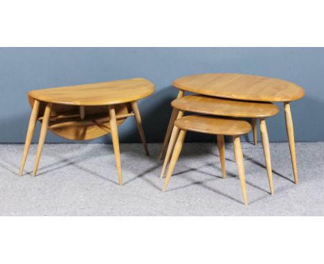 A modern nest of three Ercol elm and beechwood occasional tables, each on three splayed legs, 25.5ins x 17.5ins x 16ins high,