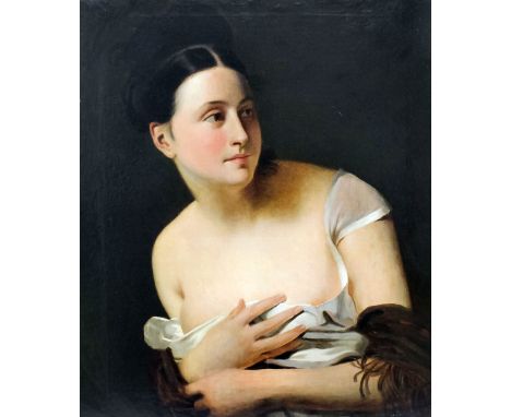 After Claude-Marie Dubufe (1790-1864) - Oil painting - "The Surprise" - Half-length portrait of a young woman with a startled